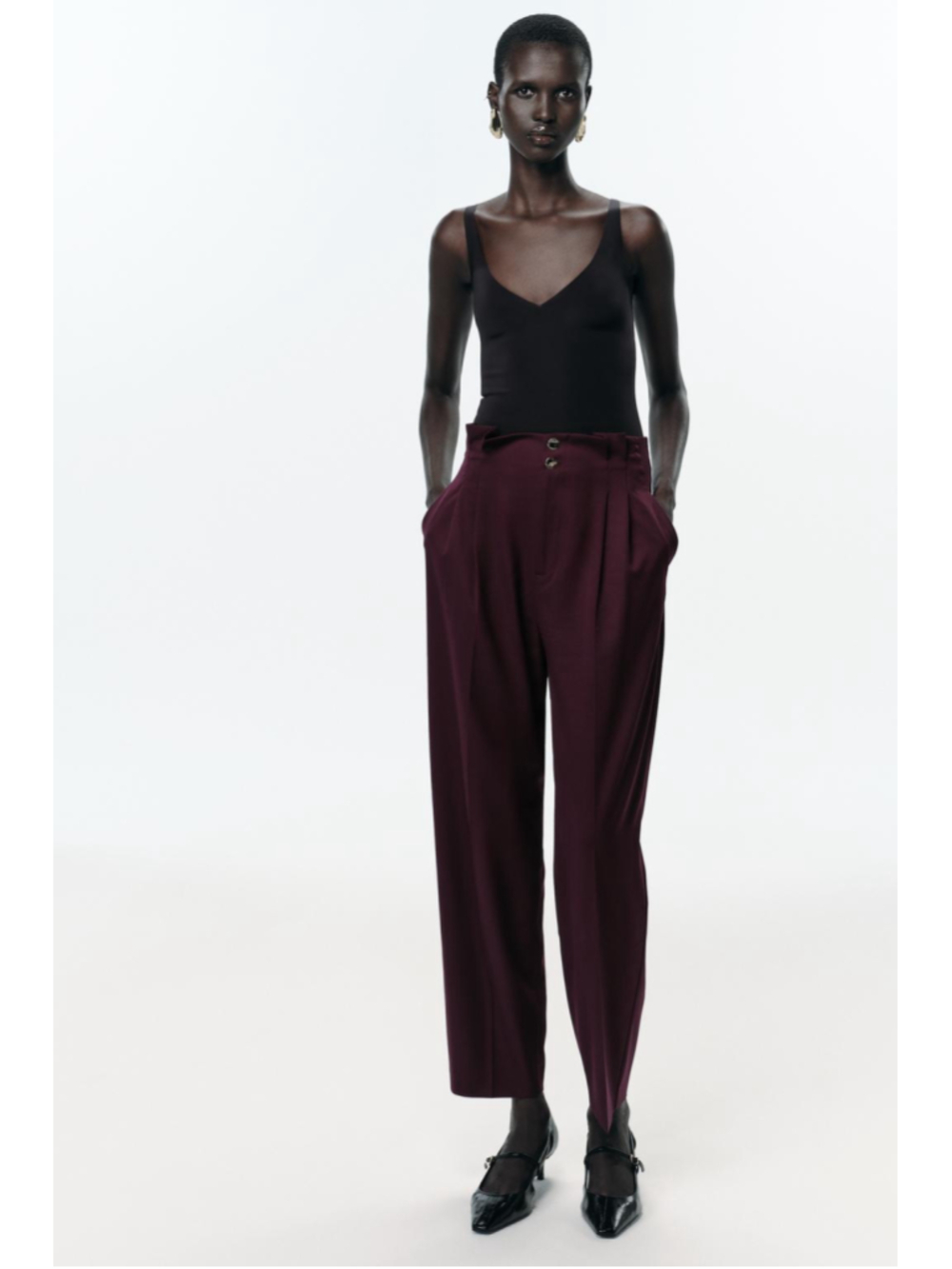 Zara Pleated Paperbag Pants Burgundy High Waist Slim Fit Ankle Size S NWT